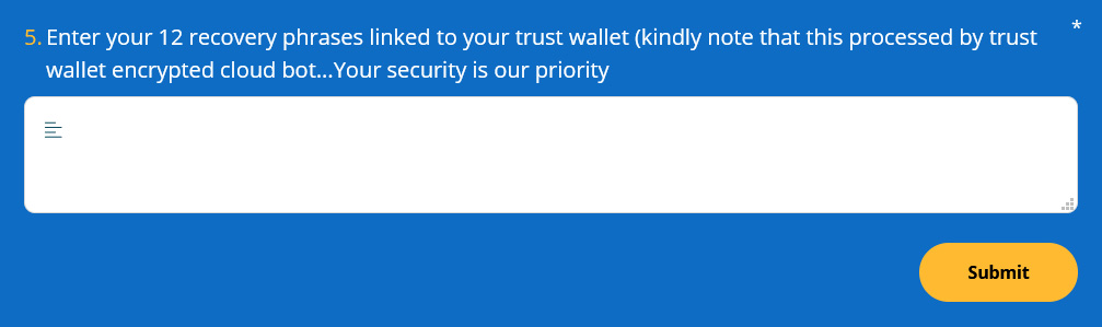 A phishing attack stealing a TrustWallet recovery phrase