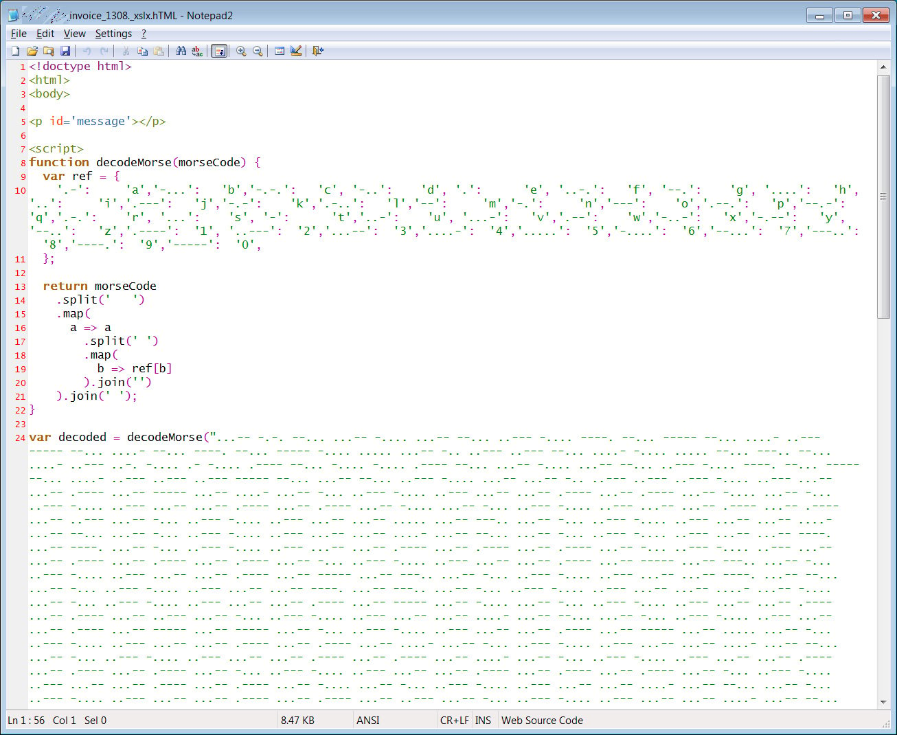 Phishing attachment using Morse code