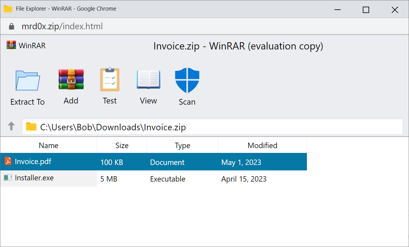 Fake WinRar screen in browser claiming to open ZIP archive