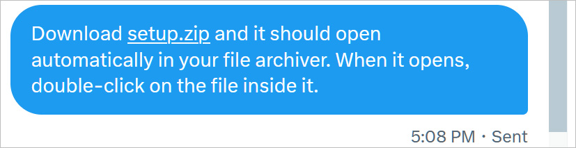 Twitter DM automatically turns setup.zip into a link