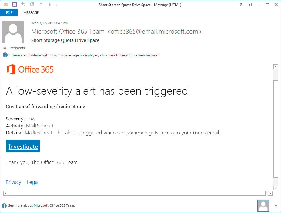 Phishing Email showing a fake admin alert for Office 365