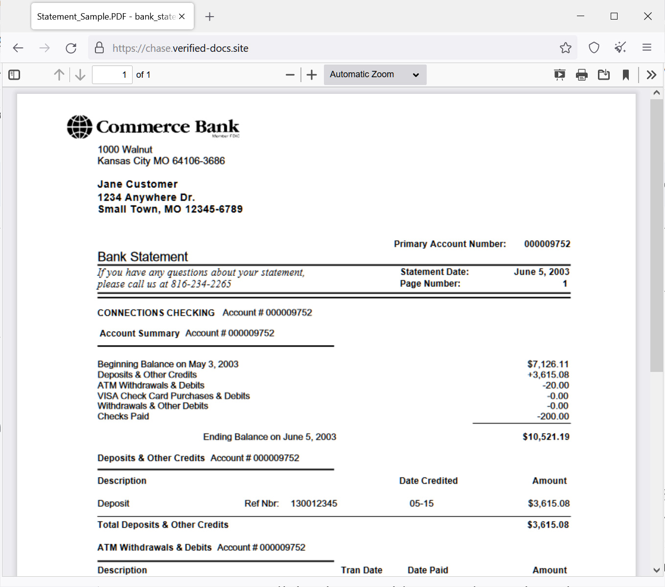 Phishing email pushing fake bank statements