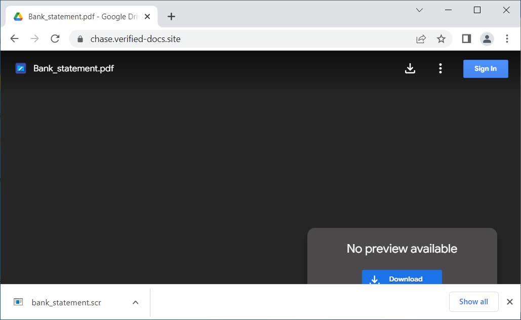 偽の Google ドライブ サイトが Bank_statement.scr をプッシュ