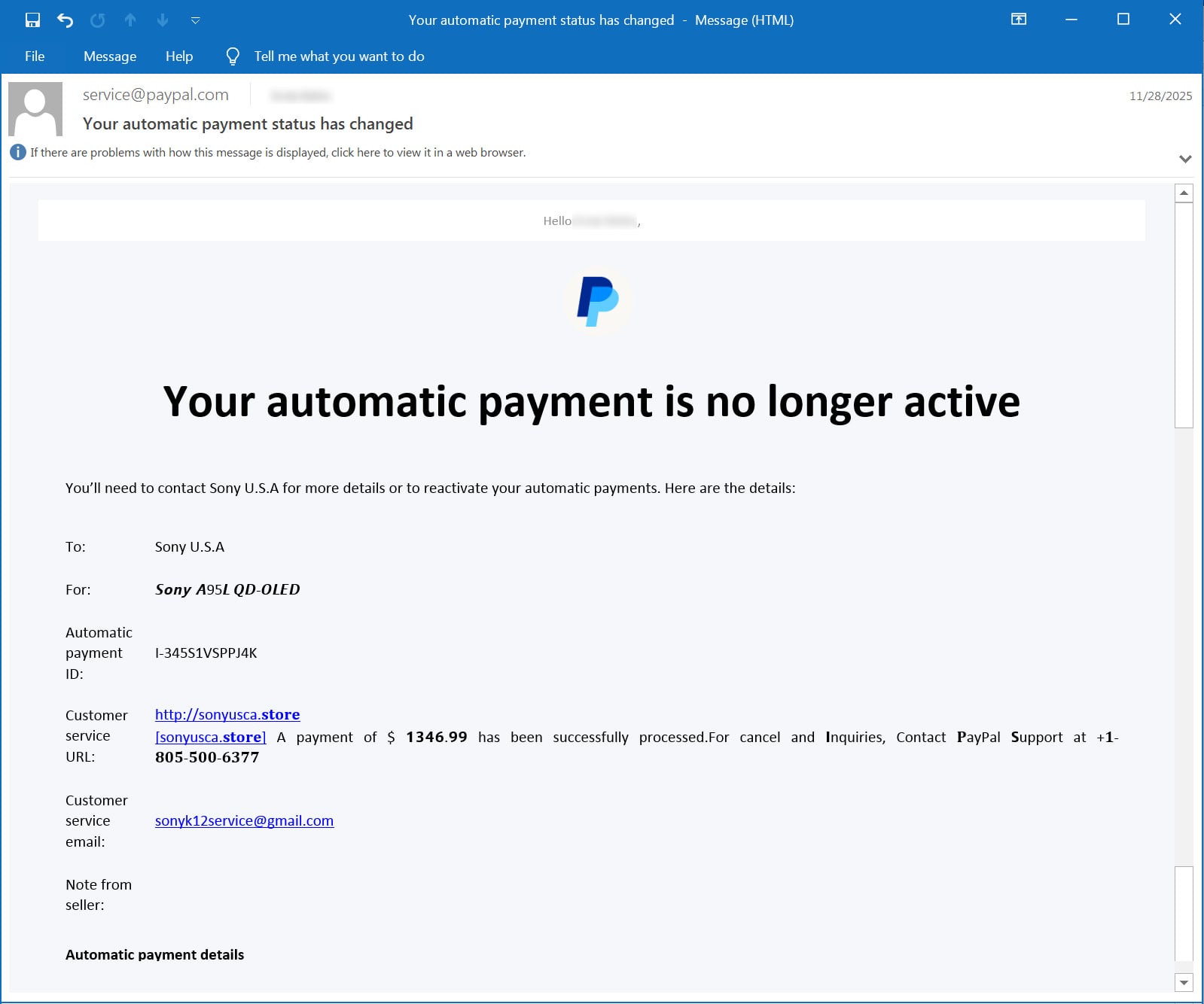 PayPal subscription email used in scam