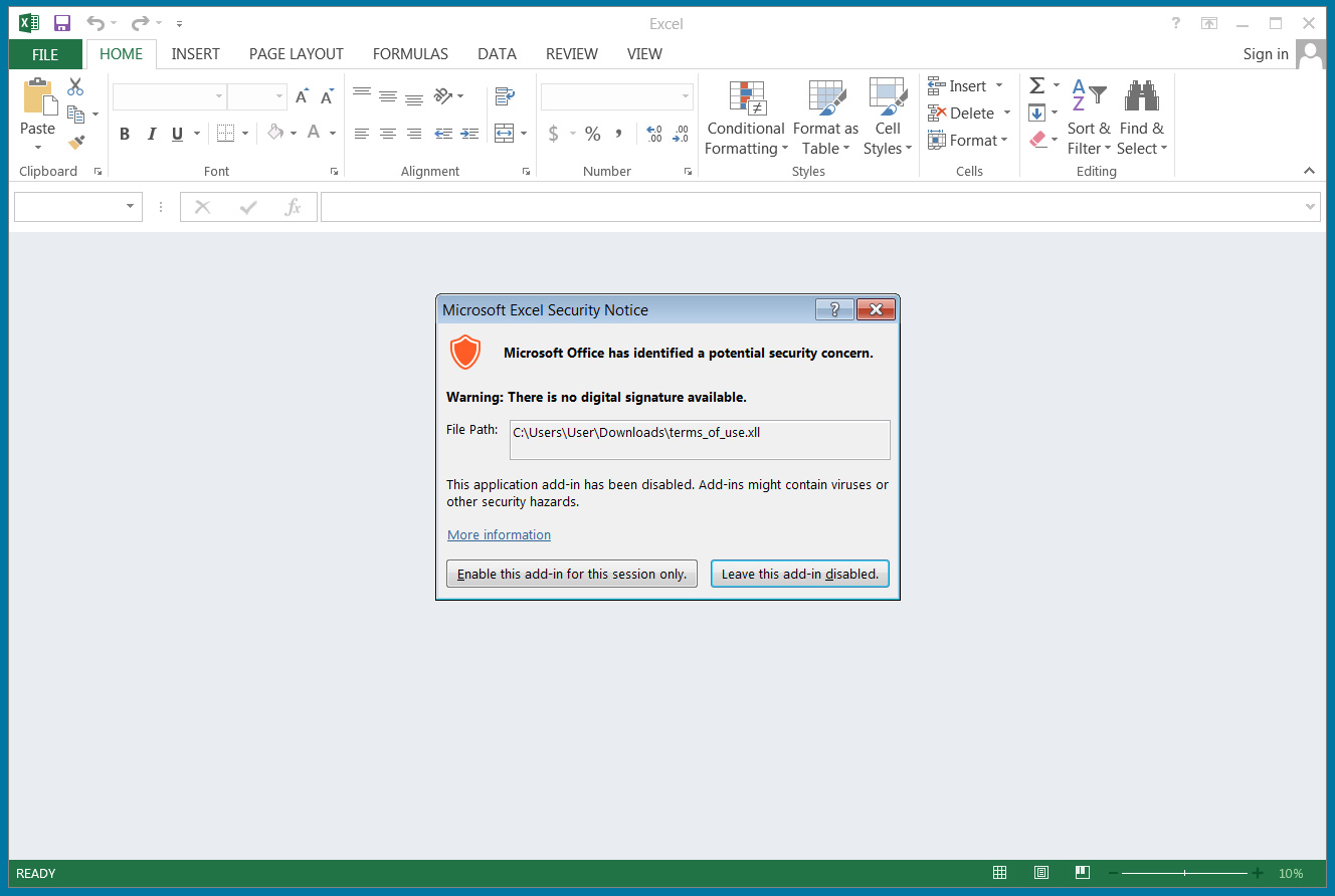 Opening malicious add-in in Excel