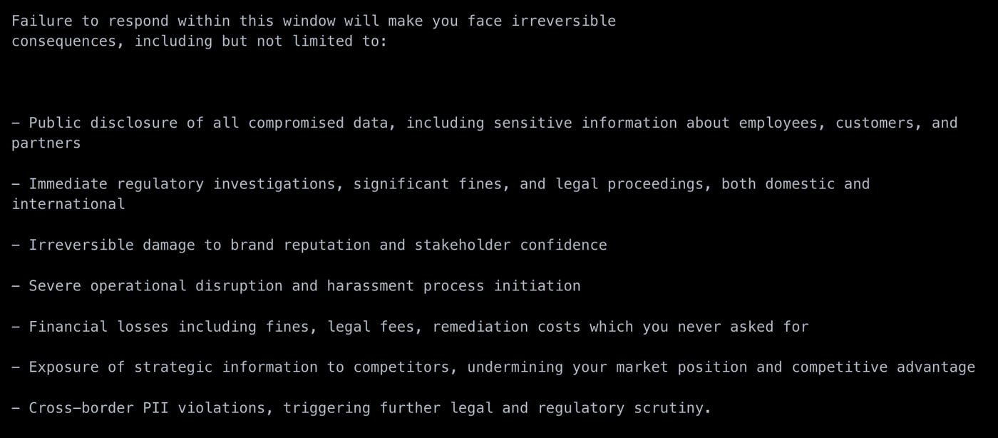 Snippet of the ShinyHunters ransom note