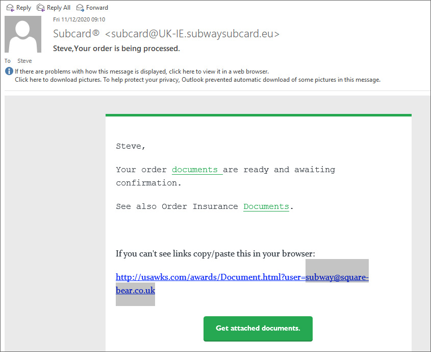 Subway UK phishing email