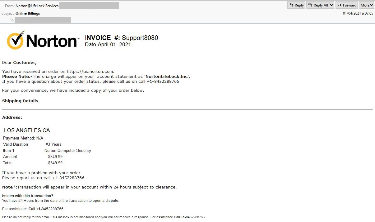 Example Norton phishing email used in a similar scheme
