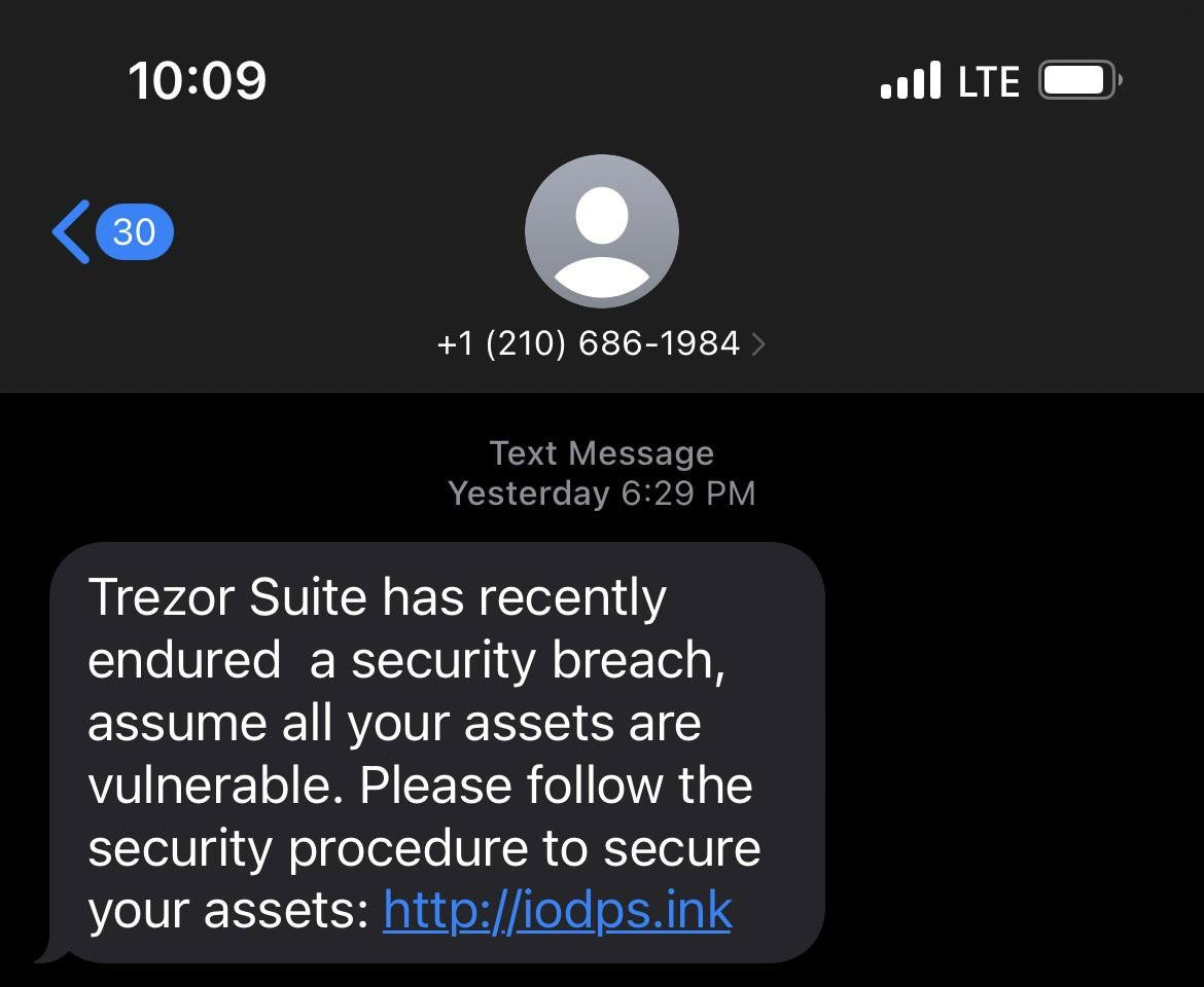 SMS 経由で配信される Trezor フィッシング