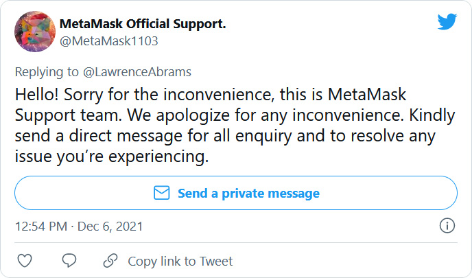 Cuenta de soporte falsa de MetaMask