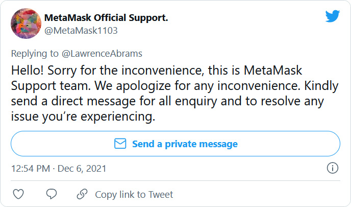 Fake MetaMask support account