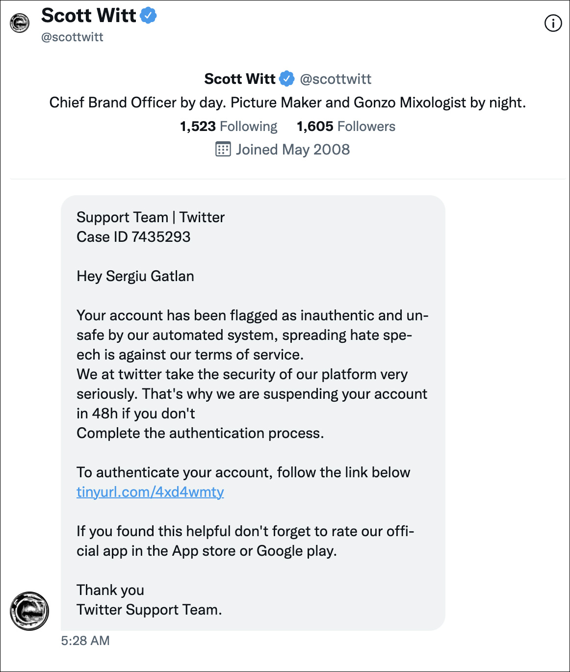 Twitter phishing DM sent to a verified user