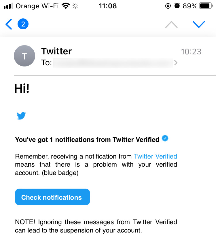 Phishing email targetinged verified Twitter users