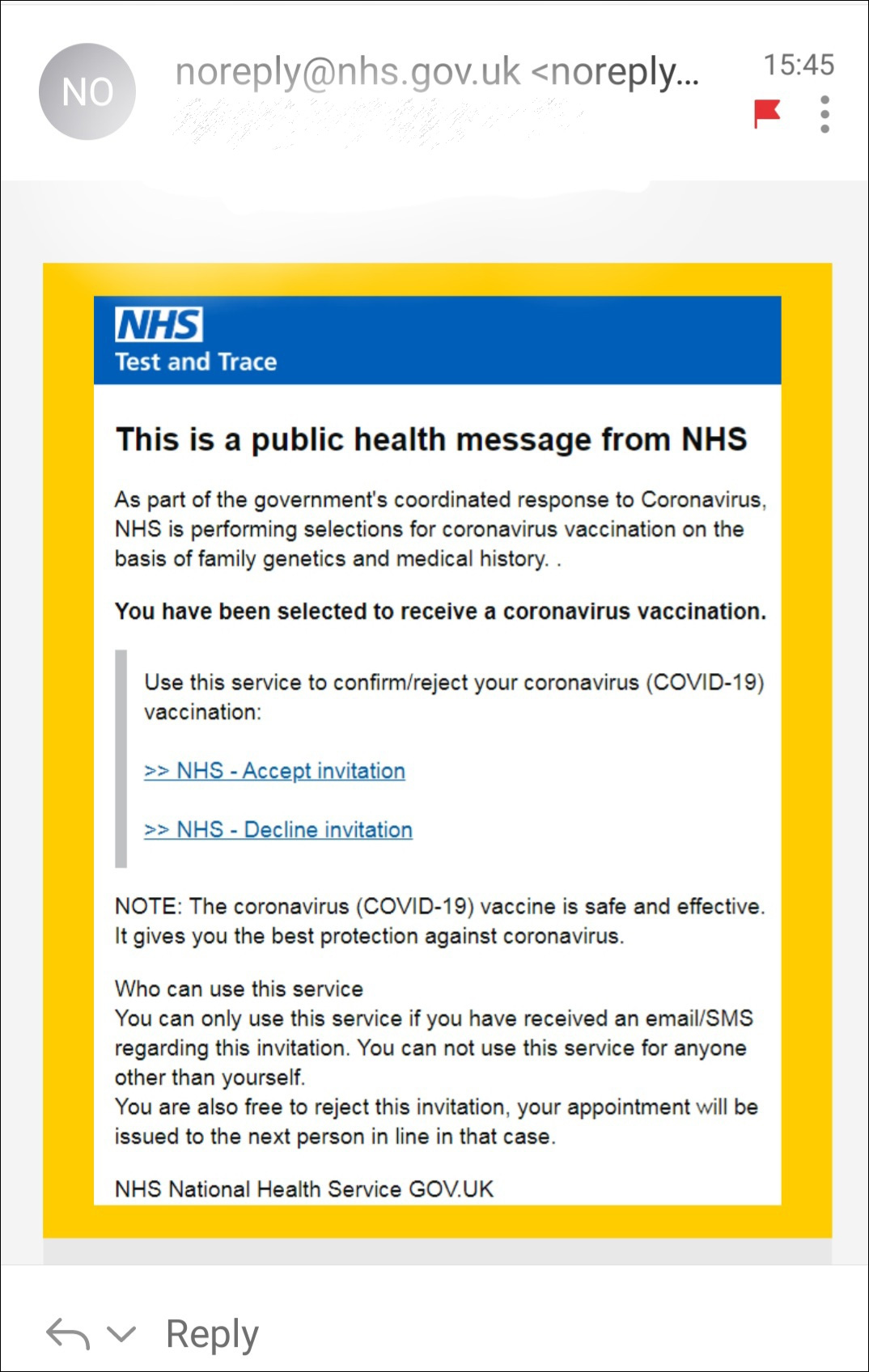UK NHS COVID-19 vaccination phishing email 