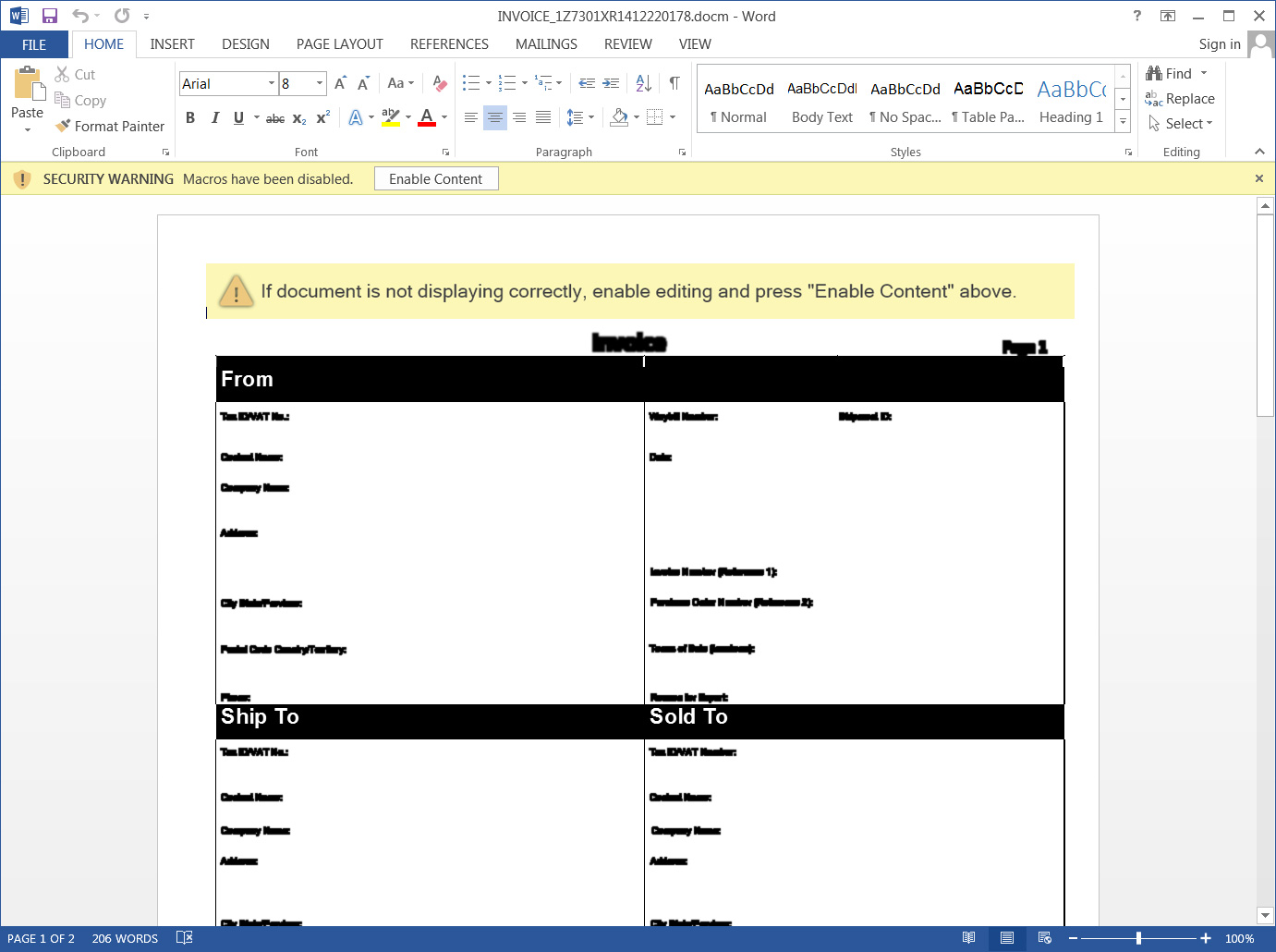 Malicious Invoice word document
