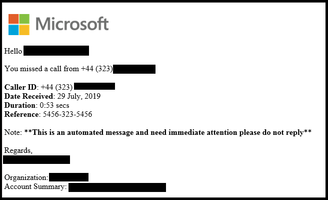 Microsoft Office 365 Voicemail Phishing Email