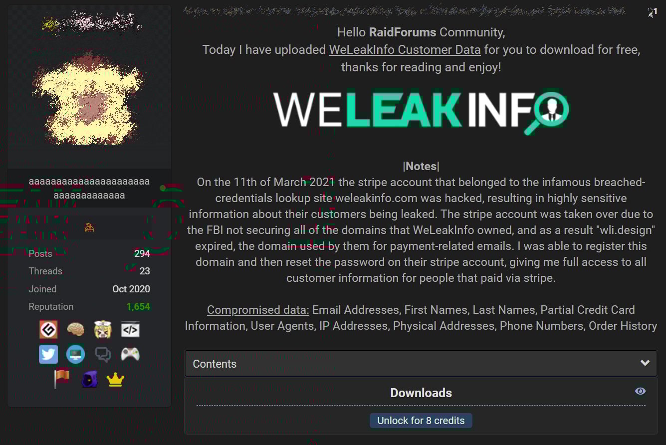 Forum post leaking WeLeakInfo data