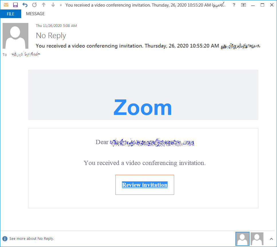 Phishing email pretending to be Zoom invite