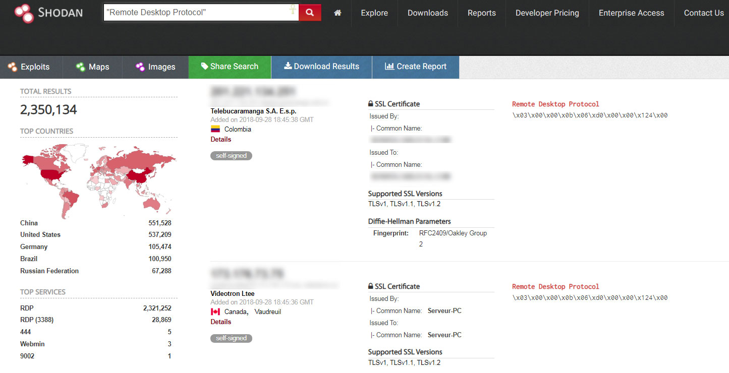 Shodan listing of computers running RDP