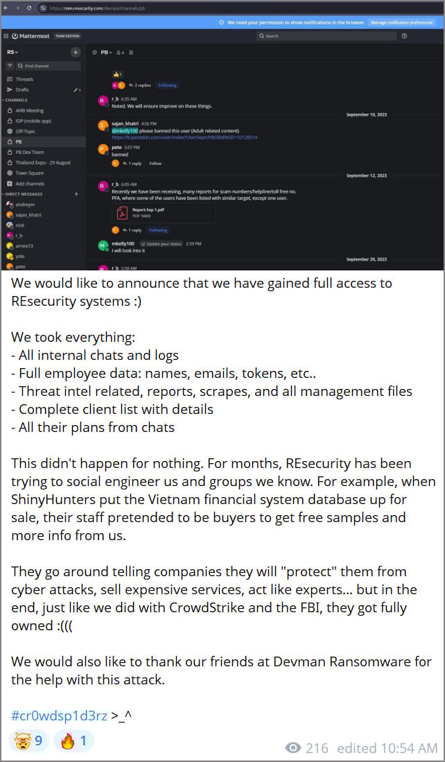 Portion of the Telegram post by the threat actors