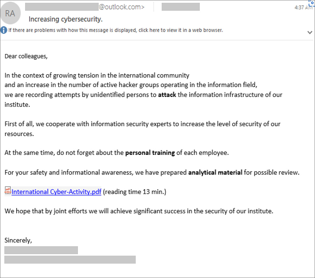 Example phishing email sent by the SEABORGIUM ​​​​​​​hackers