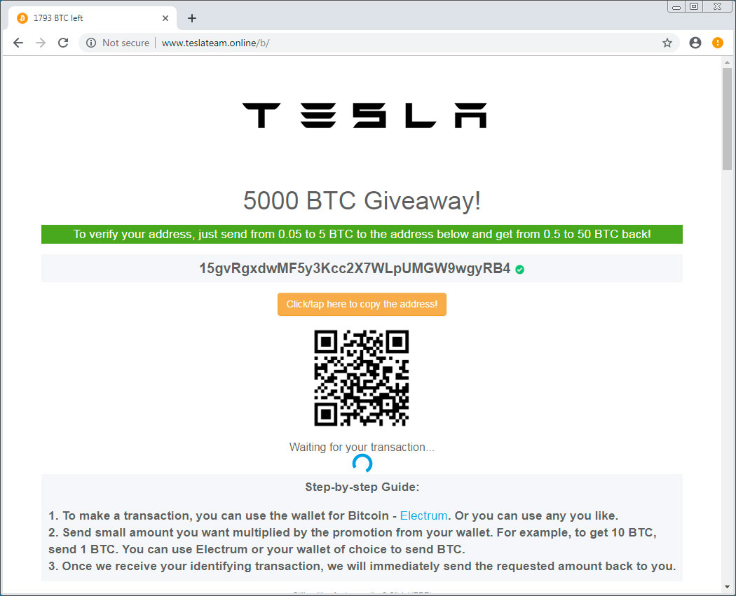 Fake Tesla Cryptocurrency Giveaway
