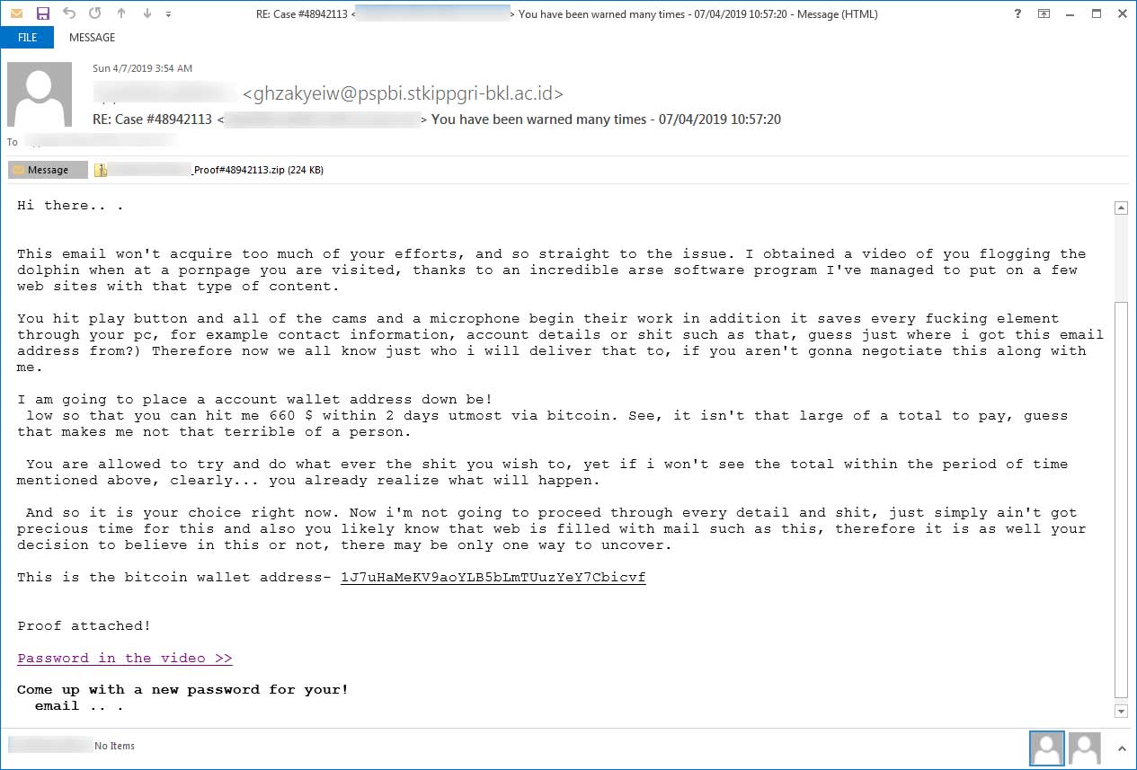 Sextortion email with password protected zip file