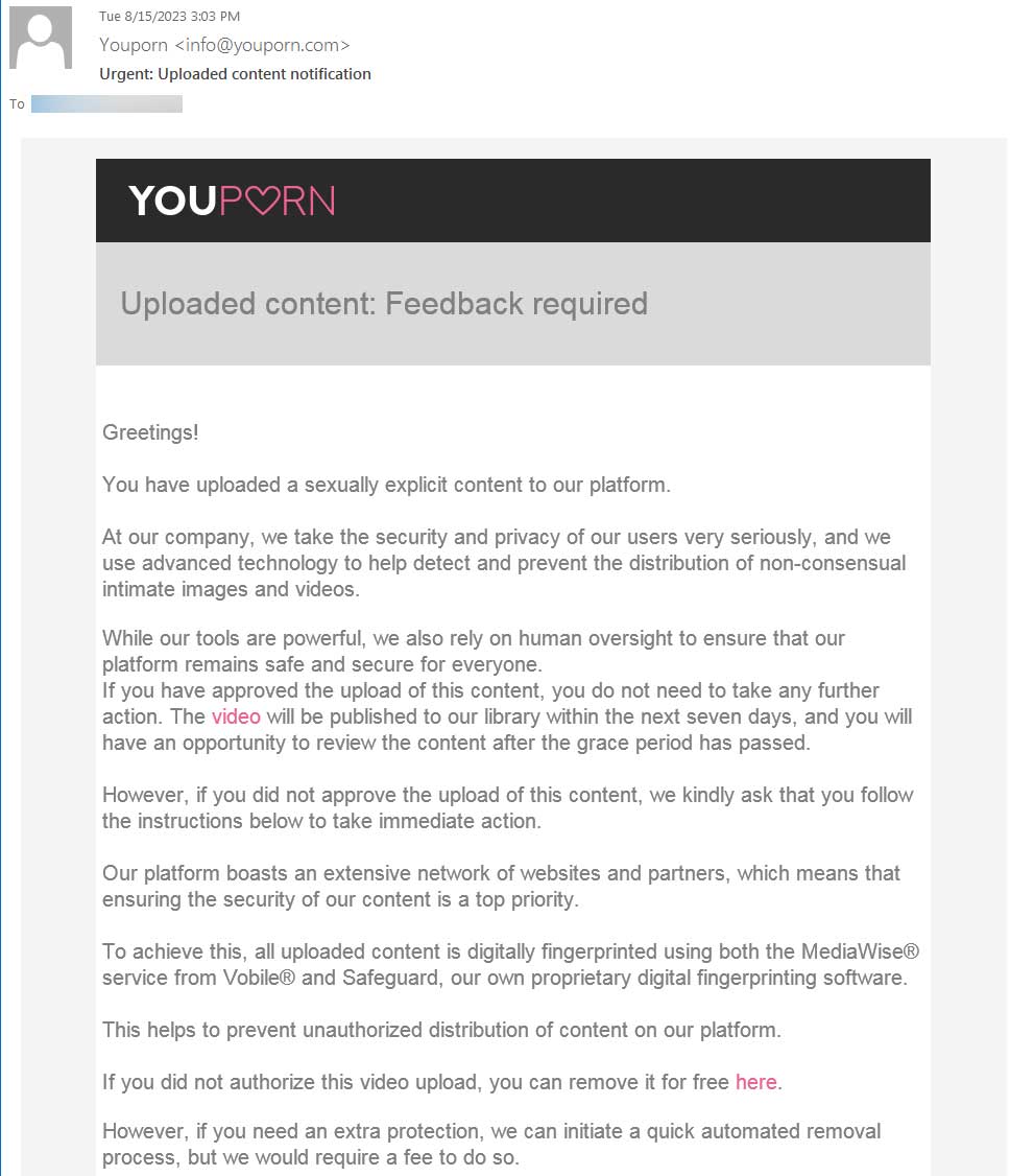 Portion of fake YouPorn email 