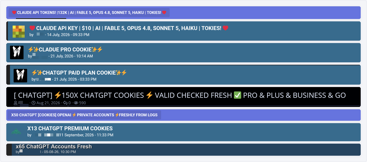 Underground listing of AI API keys and session cookies