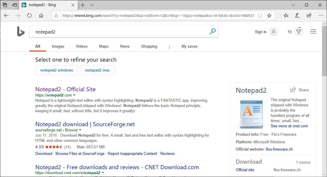 Suche nach Notepad2 in Bing