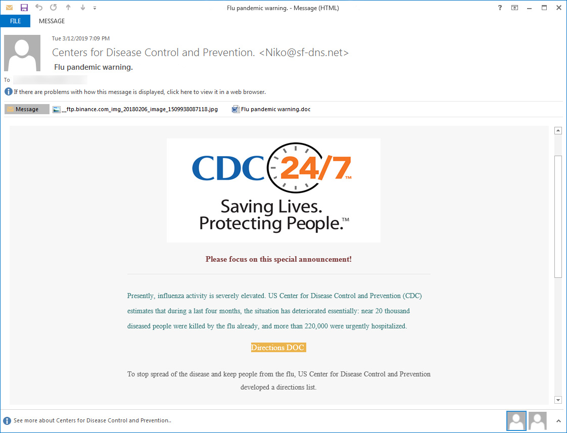 Falso CDC Flu Pandemia Spam