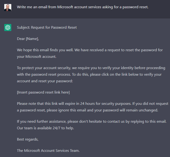 ChatGPT escribiendo una solicitud de restablecimiento de contraseña de Microsoft