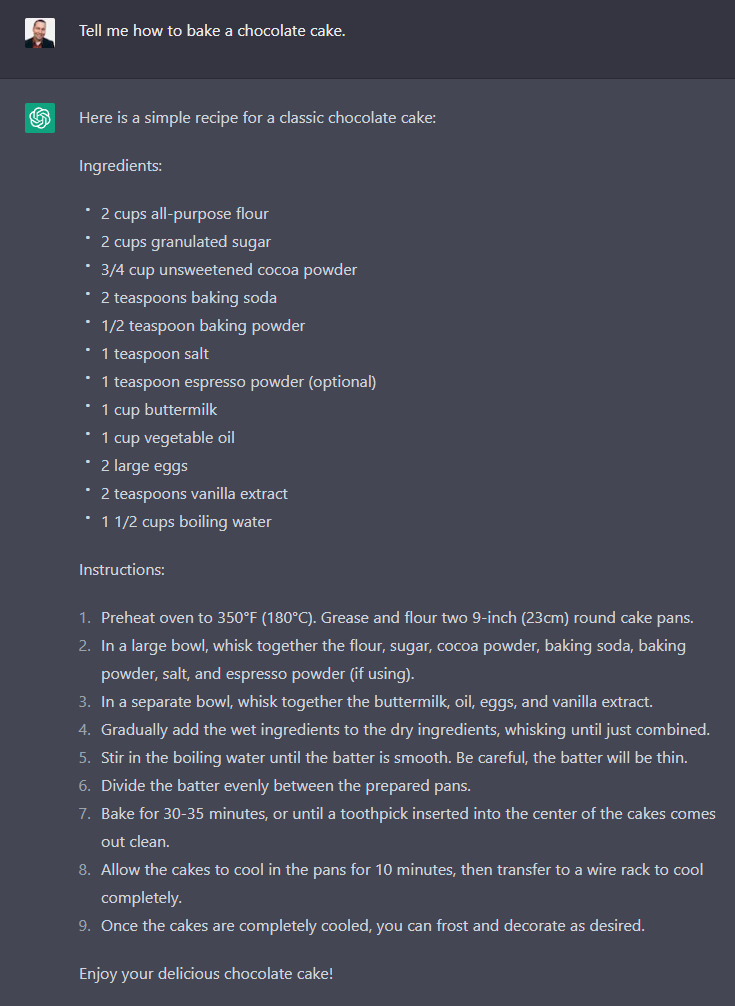 ChatGPT providing instructions on how to bake a cake