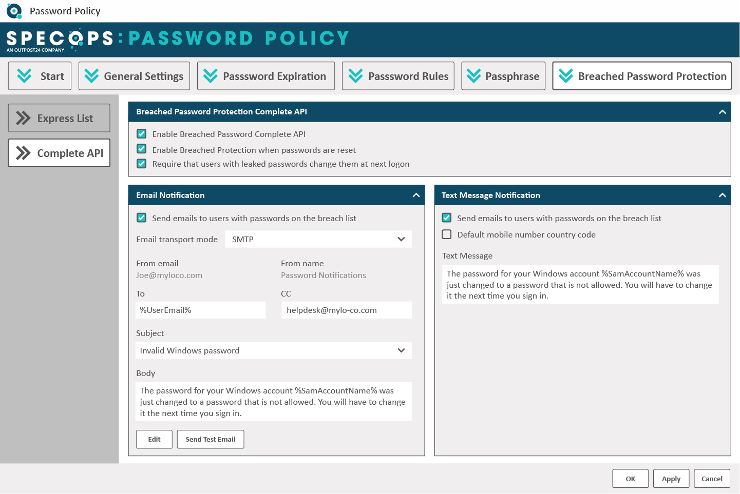 Specops Password Policy: Breached Password Protection admin panel