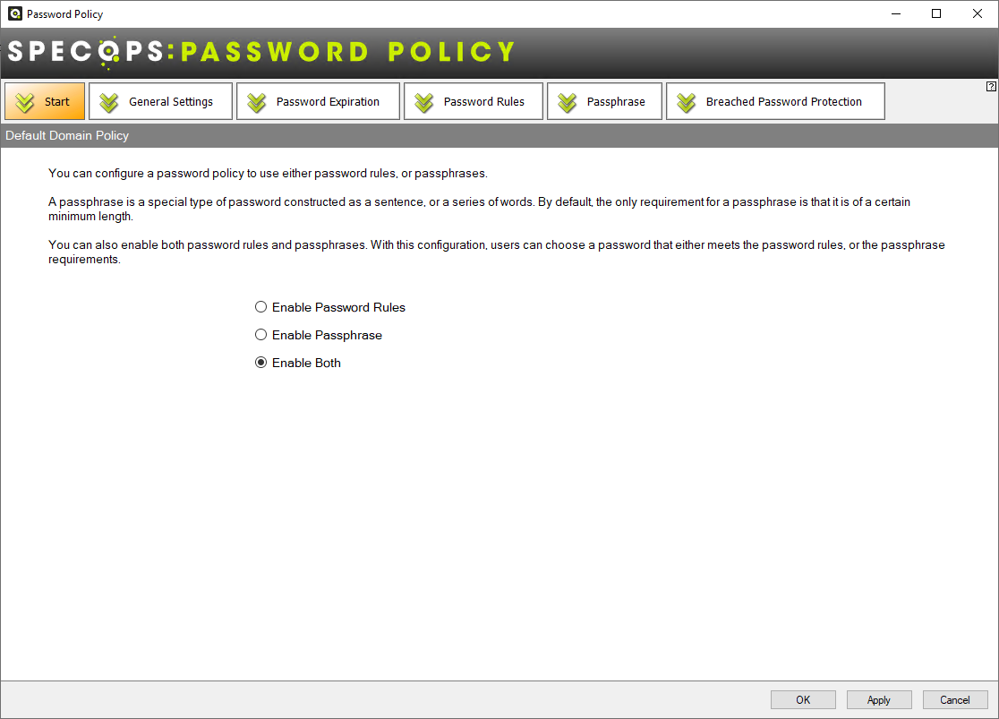 Specops Password Policy を使用すると、パスワードとパスフレーズを使用してポリシーを作成できます