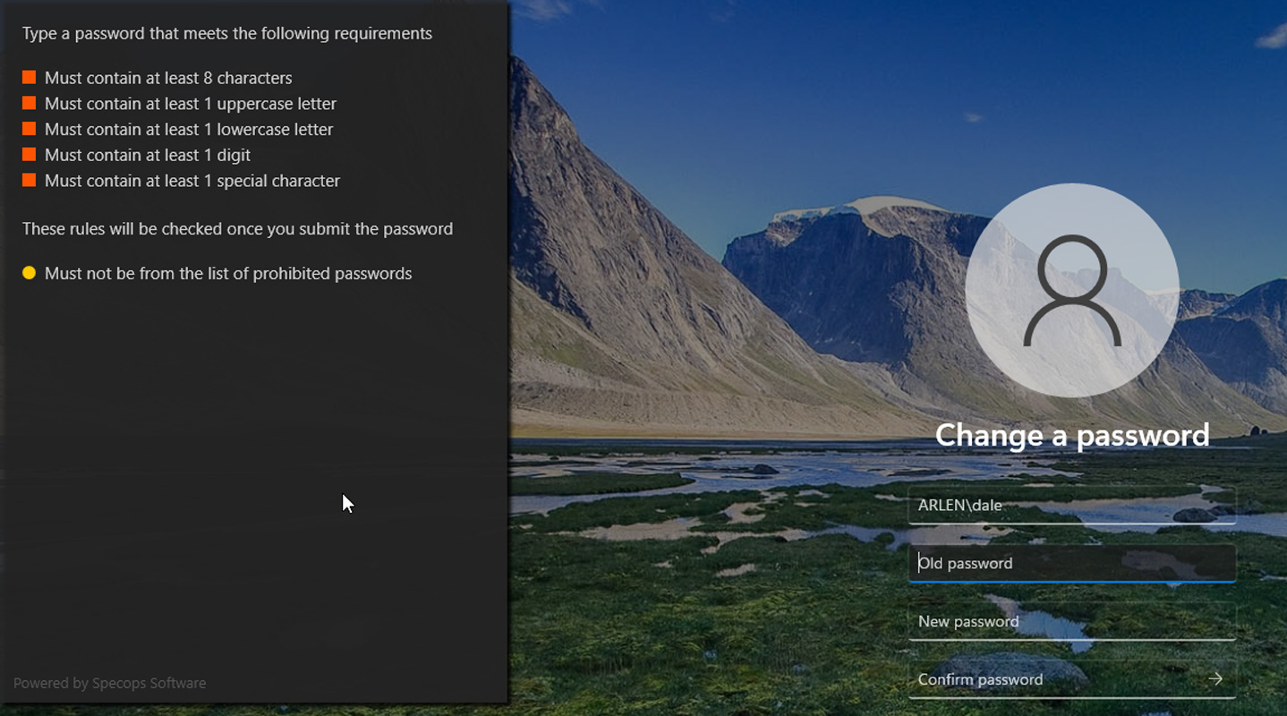  Specops Password Policy dynamic feedback as an end-user would see it