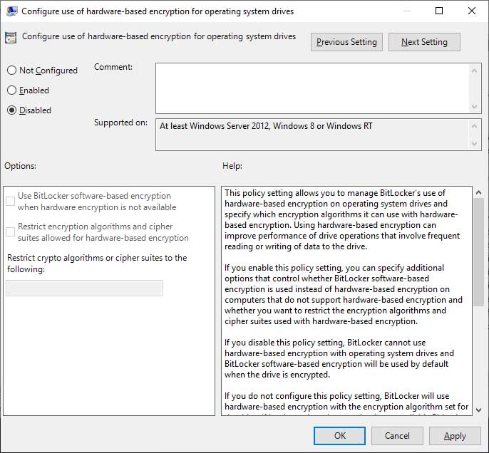 Windows Policy to disable Hardware Encryption