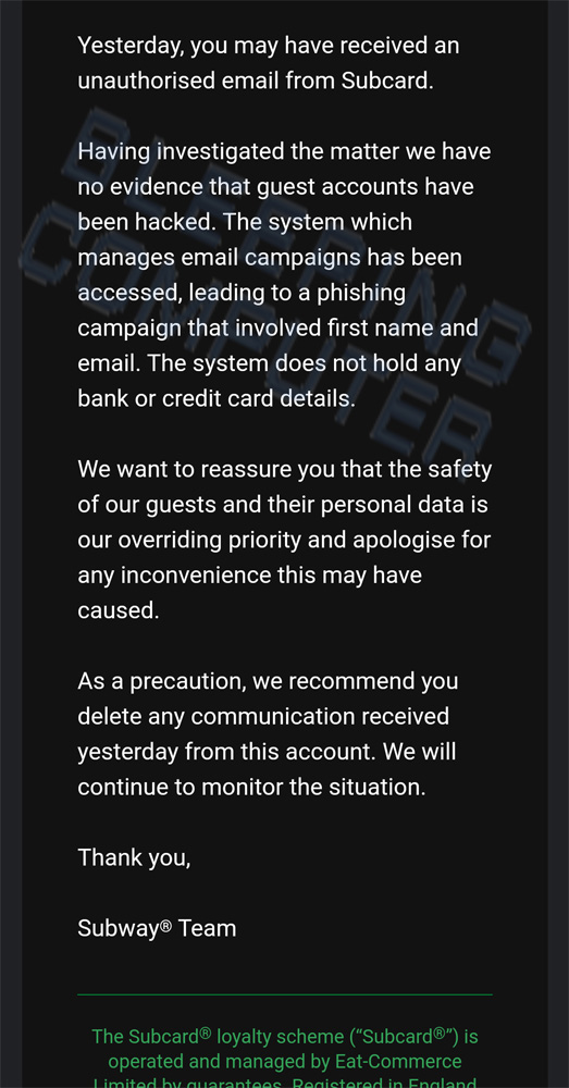 Subway UK email disclosure regarding attacks