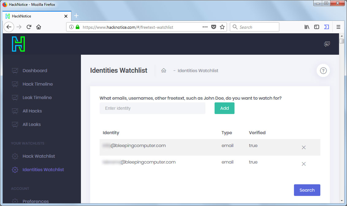 HackNotice Identities Watchlist