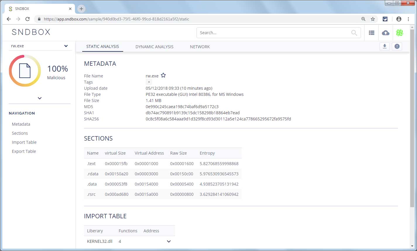 Static analysis section of SNDBOX
