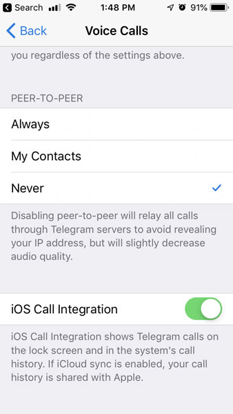 P2P Settings in Telegram for iOS