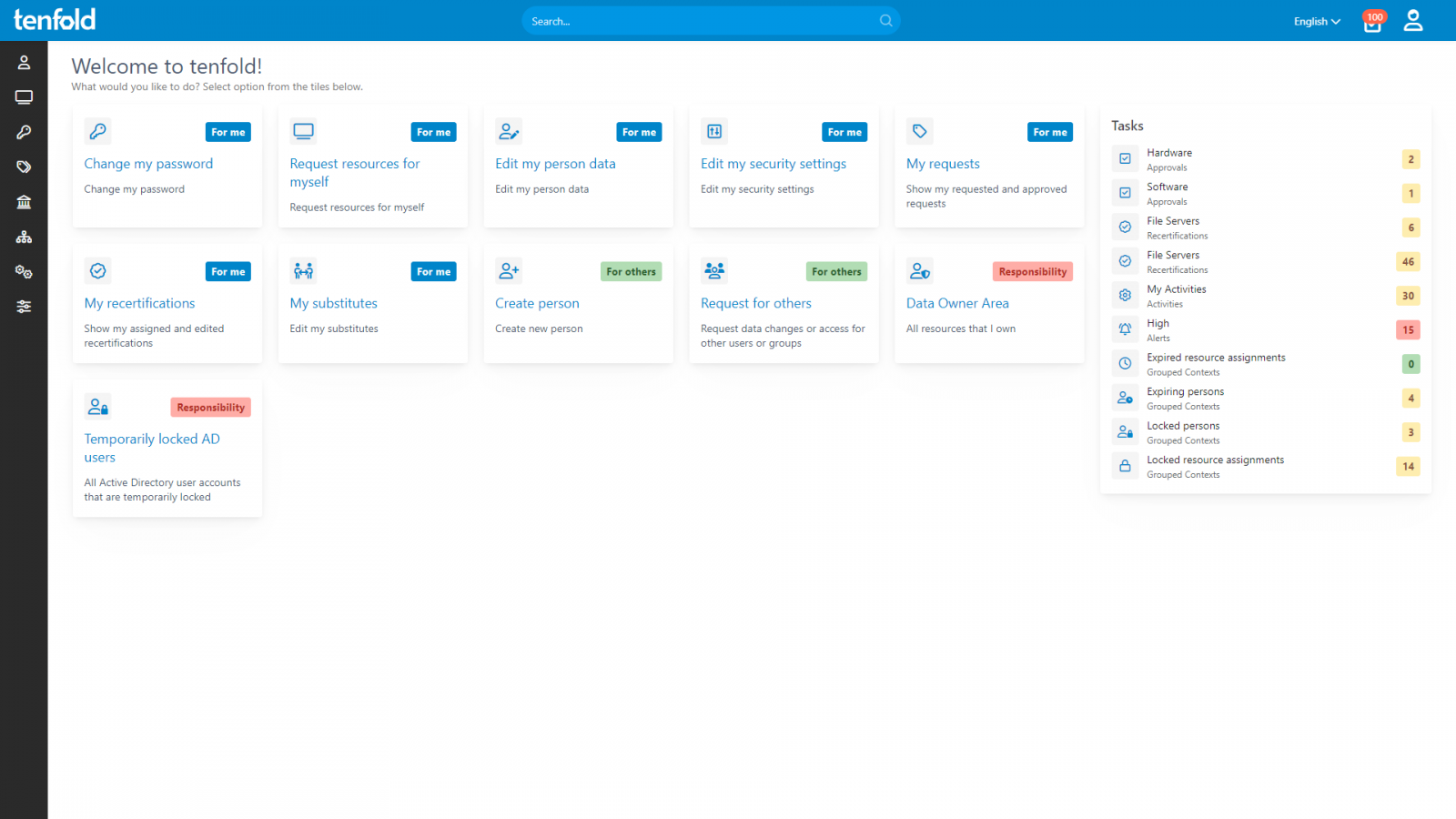 The self-service portal allows users to request access rights or password resets.
