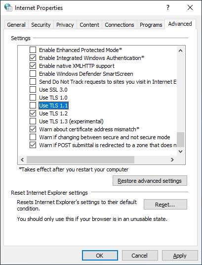 Disable TLS 1.0 and 1.1 Options