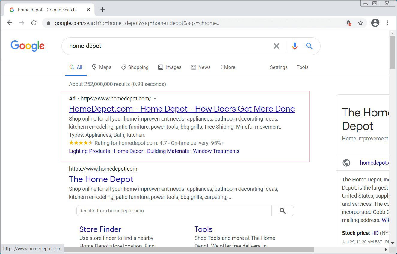 Google検索のホームデポ広告