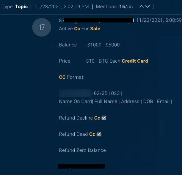 A 10$ listing containing basic credit card data