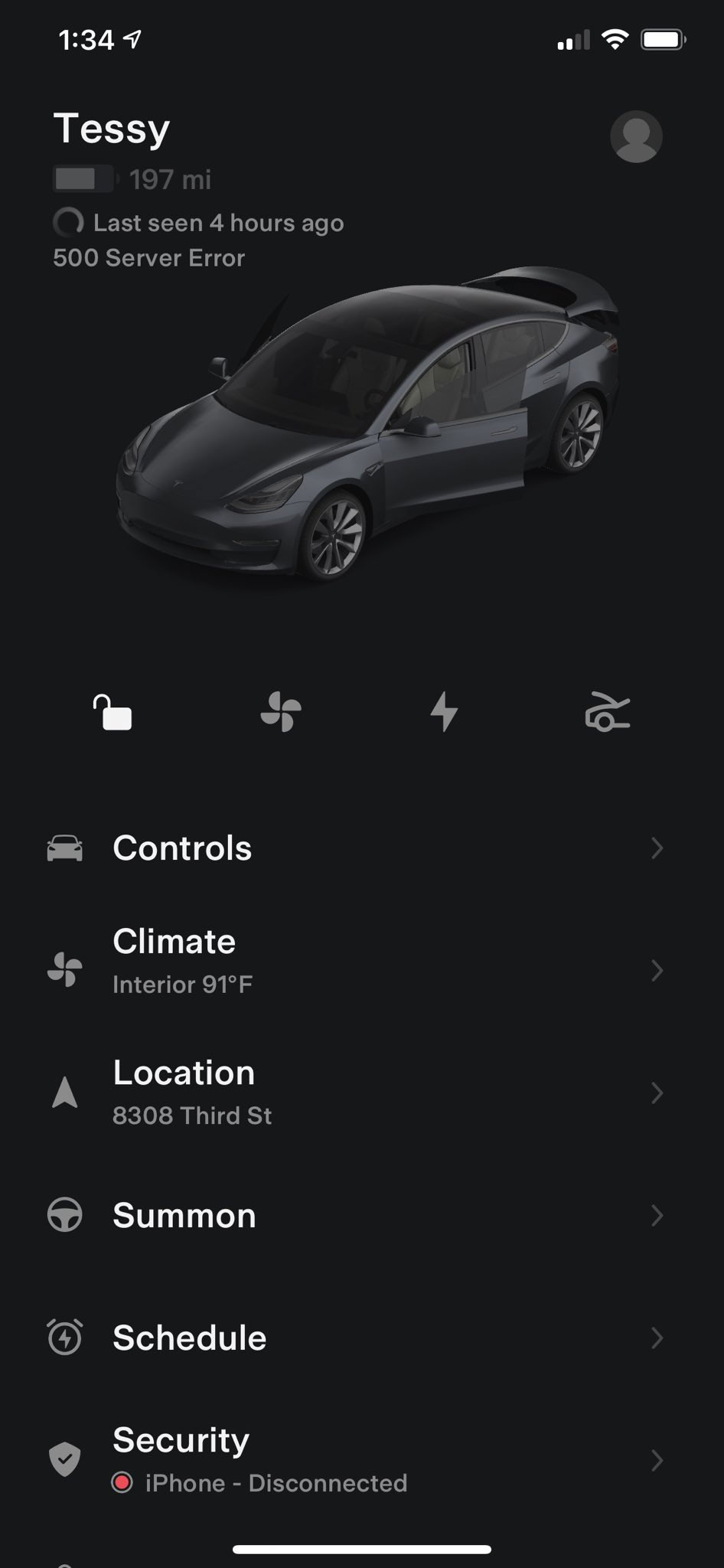 Tesla app showing a 500 server error