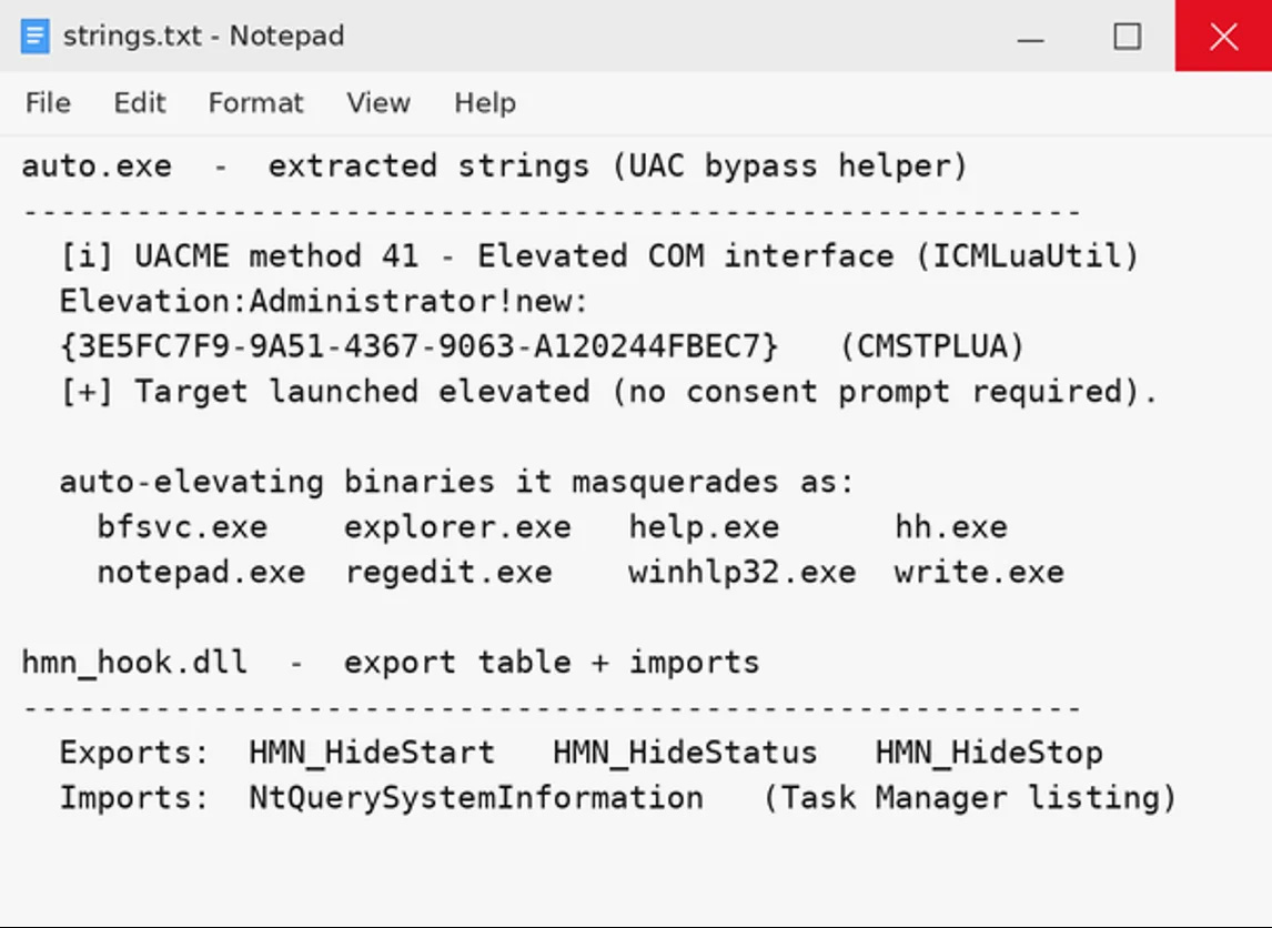 auto.exe と hmn_hook.dll から抽出した文字列