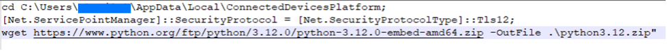 Downloading a legitimate Python distribution to %LOCALAPPDATA%ConnectedDevicesPlatform