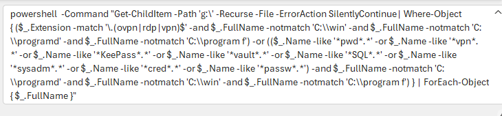 PowerShell launched by the TA hunting for files commonly containing credentials